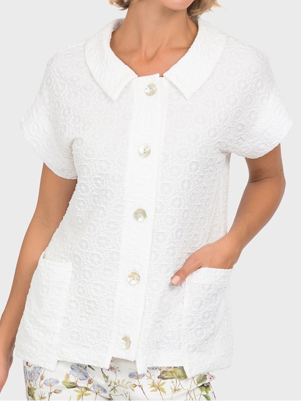 Joseph Ribkoff Off White Floral Embossed Button Up Blouse Size 12